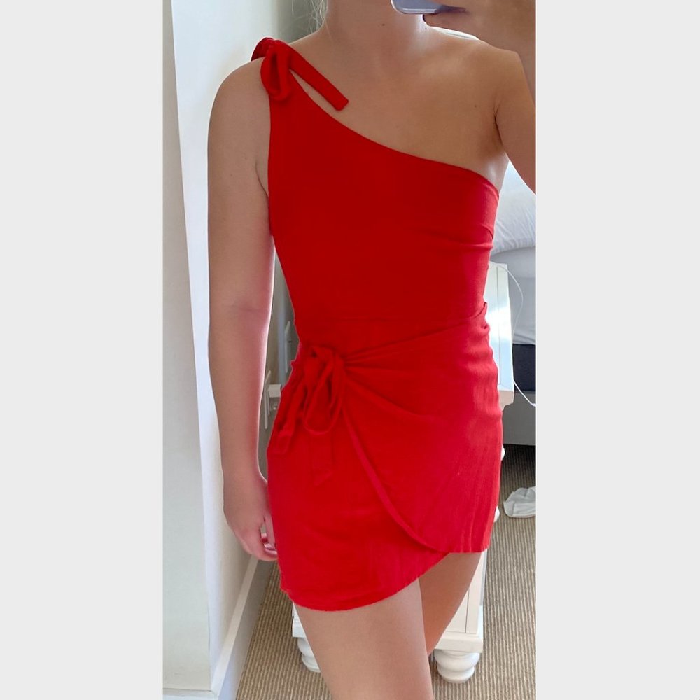 Red one shoulder mini dress
